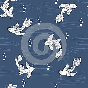 Japanese seamless pattern with koi carps. Hand-drawn fish on a dark blue background. Endless marine texture for fabric, kitchen