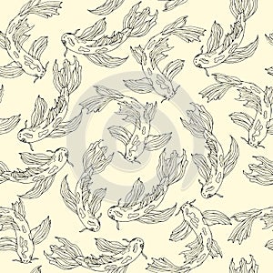Japanese seamless pattern with koi carps. Hand-drawn vector illustration of contour fish on a yellow background. Endless texture