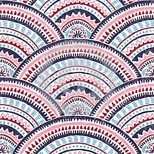 Japanese seigaiha wave pattern. Ethnic print for textiles. Aztec and tribal motifs. Wavy wallpaper drawn by hand. Vector