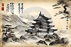 Japanese Semi-e Style Temple Scroll Art
