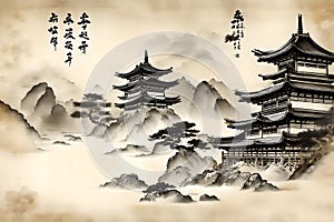 Japanese Semi-e Style Temple Scroll Art