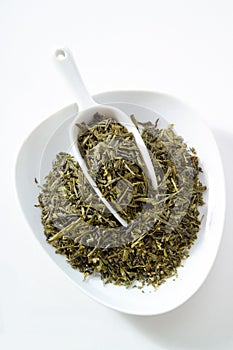 Japanese sencha tea, bowl, white background