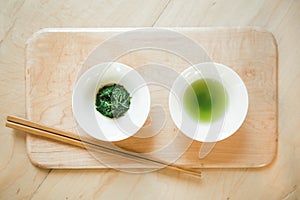 Japanese Sencha Tea Leaves. Top view with copy space