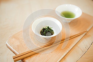 Japanese Sencha Tea Leaves. Top view with copy space