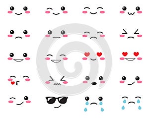 Japanese set emotions. Set Japanese smiles. Kawaii face on a white background. Cute Collection emotions anime style. Anime Smiles