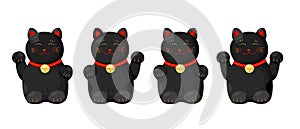 Japanese set with maneki black set on white background. China design traditional asian style. Funny cat. Cartoon vector