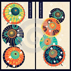 Japanese set with two cards with colorful vintage japanese traditional umbrellas. design for gift, print, business, card