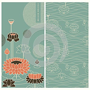 Japanese set with vector card and seamless vector patterns. design with water lilies and waves