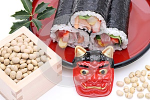 Japanese Setsubun event, Masks of demon and sushi