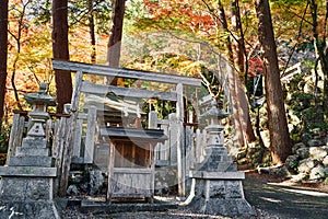 Japanese Shinto Shrine in the Mountains surrounded by autumn foliage