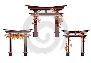 japanese shinto torii gate with autumn tree branches decor vector design set