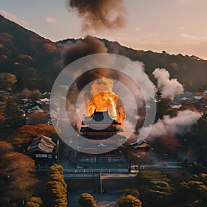Japanese shrine with in flames, during Koyo in Japan, Asia - Aerial view - AI generated illustration