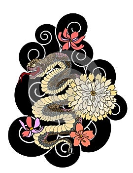 Japanese snake vector and Cherry flower spring season vector illustration background.