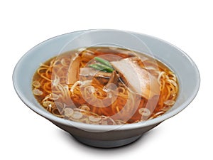 Japanese soba noodles in a hot soup with pork and green onion isolate white background