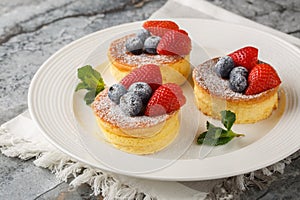 Japanese soft pancakes with berries sprinkled with powdered sugar close-up on a plate. Horizontal