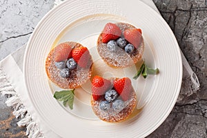 Japanese soft pancakes with berries sprinkled with powdered sugar close-up on a plate. Horizontal top view