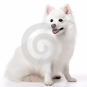 Japanese spitz dog close up portrait isolated on white background. Cute pet, loyal friend,