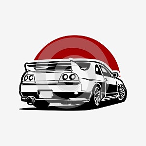 Japanese Sport Car in Red Moon Background Vector Isolated. Best for JDM Tshirt and Sticker Design