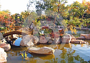 Japanese statue Gardens and bridges in early fall