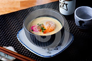 Japanese steamed eggs with shrimp.