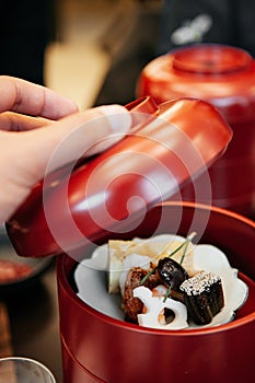 Japanese steamed fish, Lotus root vegetable, Kaiseki cuisine app