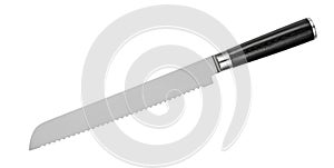 Japanese steel bread knife with serrated blade on white background. Kitchen knife isolated with clipping path. Top view