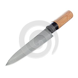 Japanese steel kitchen knife with bamboo handle isolated on white background . Chef`s knife. Diagonal position.