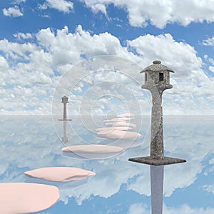 Japanese stone lantern on river ,3D rendering