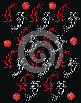 Japanese style background. Red and white koi fishes on black background. Koi Fish pattern