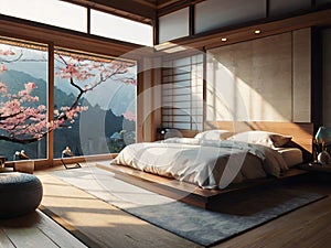 Japanese style bedroom interior design, simple style and cherry blossom tree outside