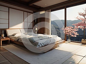 Japanese style bedroom interior design, simple style and cherry blossom tree outside the window