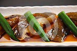 Japanese style boiled flounder with okra