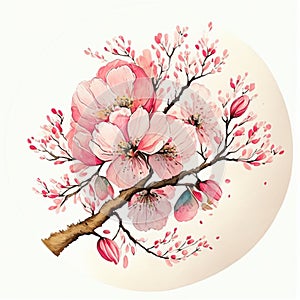 Japanese style cherry blossom branch on white background. Vector illustration. AI generated