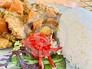 Japanese-style curry, fried chicken tenders and salads, with rice.