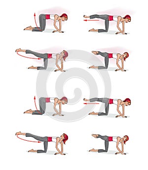 Japanese-style exercises. Girl in training. Stretching muscles and balance. Isolated on white and gray background