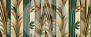 Japanese style flower and leaf pattern. Bamboo, hemp and lotus illustration on green background.