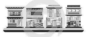 Japanese style houses. City buildings in grayscale color. Flat illustration