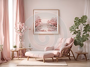 Japanese style interior of living room with big frame mock up poster on it