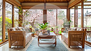 Japanese style living room with sakura blossom tree in the background.