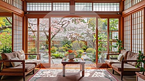 Japanese style living room with sakura blossom tree in the background.