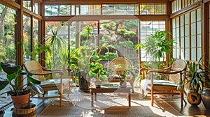 Japanese style living room with sakura blossom tree in the background.