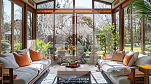 Japanese style living room with sakura blossom tree in the background.