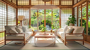 Japanese style living room with sakura blossom tree in the background.