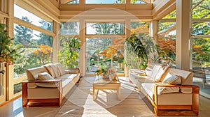 Japanese style living room with sakura blossom tree in the background.