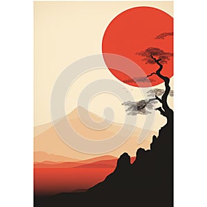 Japanese Style Mountain Scene Poster