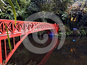 Japanese style red bridge across a lake photo