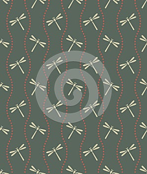 Japanese style retro vintage seamless pattern background curve spiral wave dot line and dragonfly