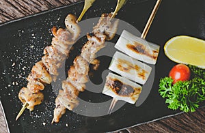 Japanese style skewers chicken skin grilled