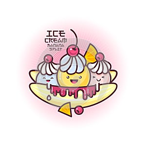 Japanese style smiled ice cream illustration. Banana split ice cream. Colorful ice cream on a banana.