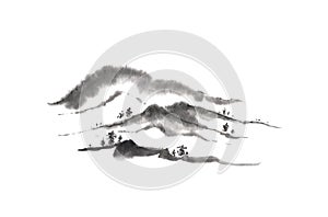 Japanese style sumi-e distant hills ink painting.